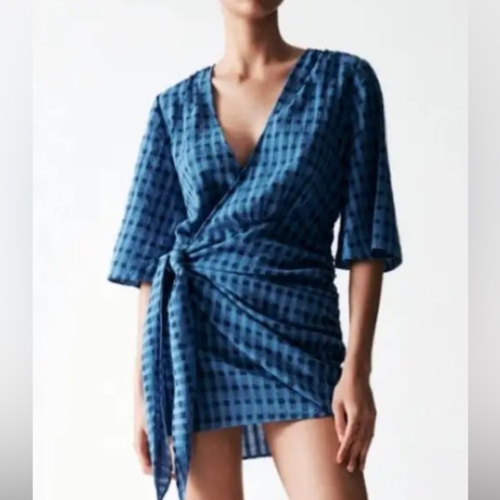 Zara Carla Mini Wrap Dress in Blue Gingham Plaid